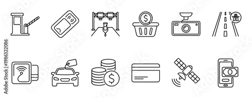 Collection of outline line art icons depicts smart transportation, electronic tolling, and various payment methods, presented in a clean, minimalist style