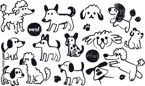 Hand drawn dogs set scribble chalk or charcoal style. funny puppy whimsical grunge charcoal art for tshirt print, placard, poster or stickers.