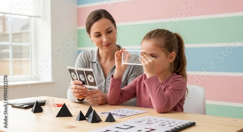 Woman ophthalmic assistant performing vision test on a girl. Little patient checking visual acuity. Pediatric ophthalmology and eye health in children concept.