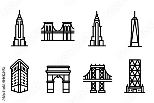 Eight distinct architectural landmark outline icons are displayed, featuring various skyscrapers, suspension bridges, and a triumphal arch rendered in a clean, minimalist line art style