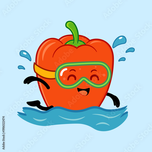 Red bell pepper character swimming wearing goggles