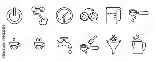 Twelve black outline coffee and water icons are neatly arranged, depicting various stages of brewing, steaming, and general settings with a clean, minimalist line art style