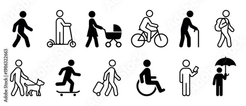Comprehensive set of diverse black and white human activity icons illustrates various individuals walking, riding, and engaging in everyday actions with simple graphic clarity