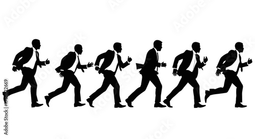 Businessmen Running in Sequence, Silhouettes Depicting Urgent or Rapid Movement