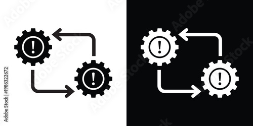 Large gears with exclamation marks and directional flow arrows. Icon depicting problem solving, system warning, technical optimization, risk management, and troubleshooting workflow.