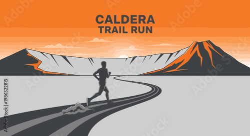 Caldera Trail Run Silhouette Depicting a Runner on a Scenic Mountain Route Against Sunrise