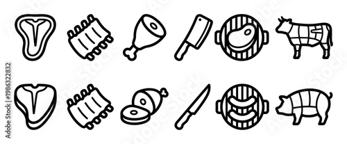This collection of black outline meat and butchery icons features various cuts, tools, and animals, presented in a clean, simple graphic style