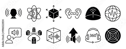 Twelve black and white sound icons illustrate various audio concepts and technologies, including spatial sound, hearing, communication, and immersive 360-degree audio, depicted in a line art style