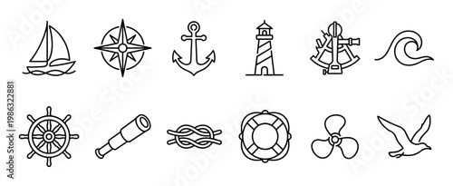 Collection of twelve simple black outline nautical icons, including a sailboat, anchor, lighthouse, compass, and ship's wheel, presented in a clean, minimalist style