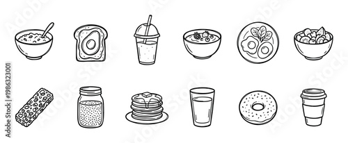Hand drawn black and white breakfast and snack icons featuring a variety of popular morning meals and beverages in a simple, clean doodle style