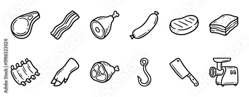 Collection of various meat and butchery items are depicted in a simple, hand-drawn black outline style, showcasing different cuts and tools