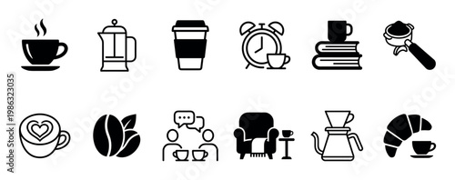 Diverse collection of coffee and breakfast themed black and white icons, showcasing brewing methods, morning routines, social interactions, and related elements in a clean, simple style