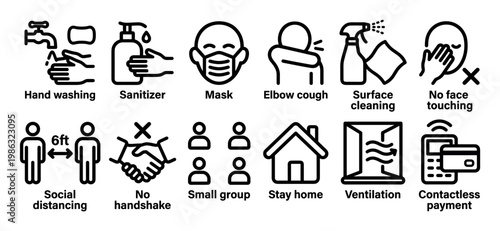 Comprehensive set of black outline icons illustrates various pandemic prevention measures and safety guidelines, presented in a clear, informative, and easily understandable graphic style