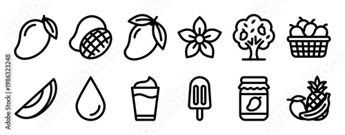 Comprehensive collection of mango and tropical fruit line icons, featuring various forms like whole fruit, slices, juice, jam, and a tree, rendered in a clean, minimalist outline style