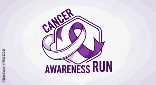 Cancer Awareness Run Emblem Design Featuring a Purple Ribbon for Healthcare Promotion