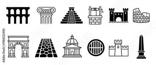 Collection of ancient and historical architectural icons are presented in a clean, minimalist black and white style, showcasing various landmark structures and elements