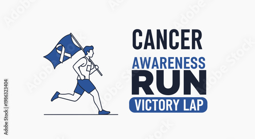 Cancer Awareness Run Graphic Depicting Hopeful Runner Carrying Cancer Ribbon Flag