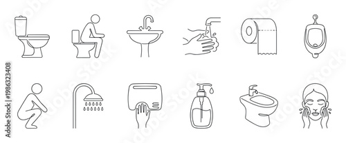Collection of simple black and white bathroom hygiene line icons illustrating toilets, sinks, hand washing, showering, bidets, and other essential elements, presented in a clean outline style