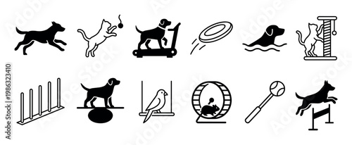 Collection of various pet activity icons featuring dogs, cats, a bird, and a hamster engaged in playful and exercise-related actions, rendered in a clean, modern line art style