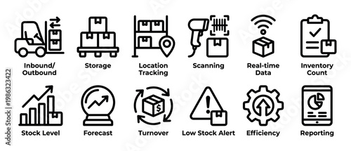 Comprehensive set of inventory management icons depicting various aspects of logistics, warehousing, and supply chain operations, presented in a clean, modern line art style