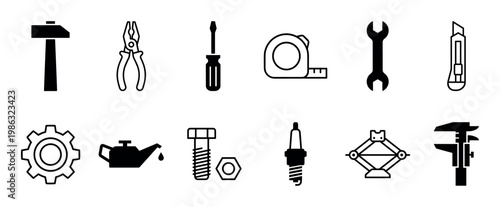 Twelve black and white icons depict a hammer, pliers, screwdriver, tape measure, wrench, utility knife, gear, oil can, bolt, nut, spark plug, rendered in a clean, graphic style