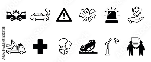 This comprehensive set of black line icons illustrates various car accidents, road safety, vehicle damage, and insurance-related situations in a clear, modern, and informative graphic style
