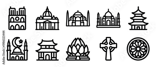 Various black outline icons representing famous architectural landmarks and diverse religious symbols are neatly arranged in a clean, minimalist style