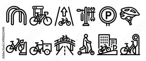 Various black outline bicycle and cycling related icons are displayed in a comprehensive collection, illustrating urban mobility, parking, repair, and safety elements in a clean, modern graphic style