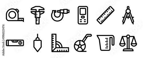 Twelve distinct black outline icons illustrate a variety of measurement and engineering tools, rendered with a clean, modern, and minimalist aesthetic