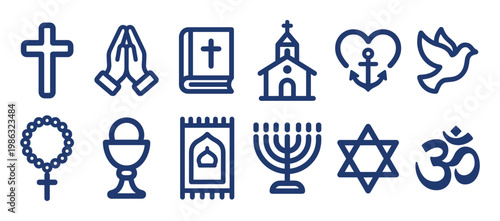 Twelve diverse religious and spiritual symbols are displayed as dark blue line icons, showcasing various faiths and beliefs in a clear, modern graphic style