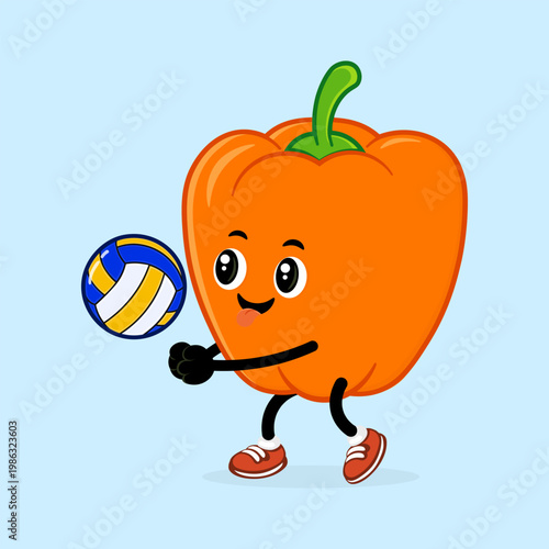 Orange bell pepper mascot character playing volleyball
