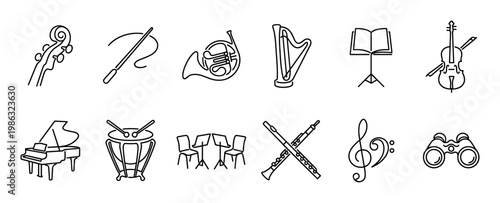 Diverse collection of musical instruments and symbols, rendered as elegant black outline icons, representing an orchestra's essential elements with artistic simplicity