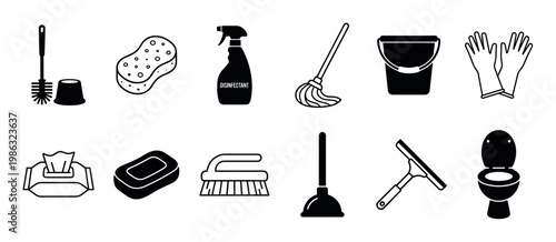 Comprehensive collection of black and white cleaning icons, depicting various essential household tools and hygiene products for maintaining cleanliness, presented in a simple graphic style