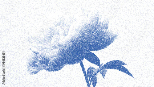 Cyanotype peony flower vector graphic. Stippled floral illustration made of blue dots on white background. Artistic botanical print design for stationery, textile pattern and card.