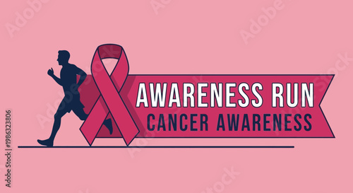 Cancer Awareness Run Promoting Hope And Support With Pink Ribbon And Runner Silhouette