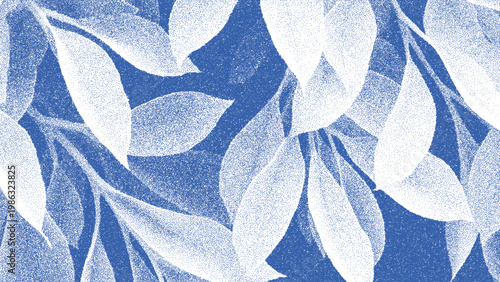 Cyanotype style botanical pattern with tropical leaves. Blue and white stipple texture background. Artistic leaf print design for textile print and creative graphic wallpaper art.