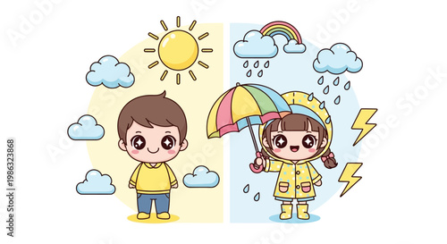 Cartoon children in rain gear standing.