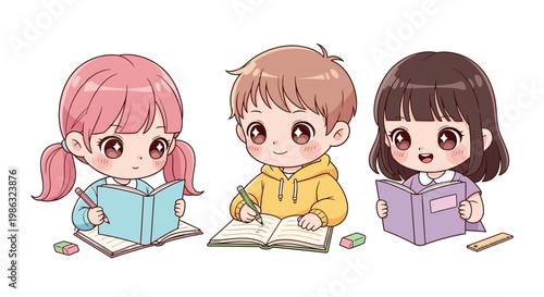 Children doing homework together outside school.