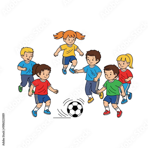 Children Playing Soccer Together Outdoors.