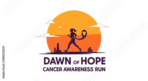 Cancer Awareness Run Symbolizing Dawn Of Hope In Silhouette Featuring Sunset Graphics
