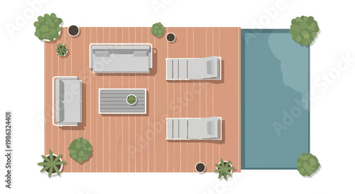 Top view of a modern patio deck with swimming pool, lounge furniture, and potted plants