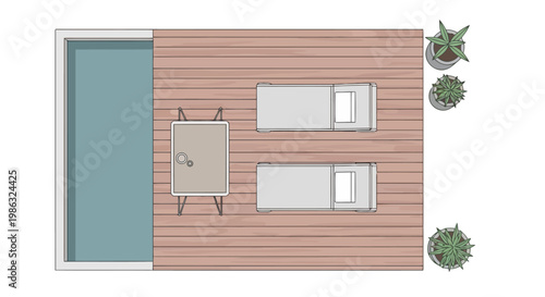 Top view of a wooden deck with a swimming pool, lounge chairs, a small table, and potted plants