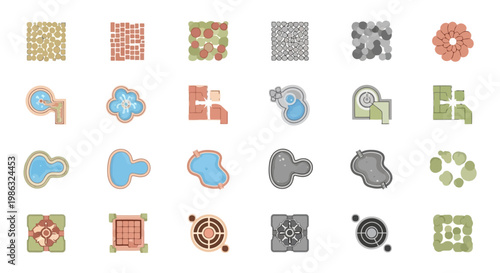 Set of landscape design elements, top view icons for garden and park planning, architectural site plan symbols