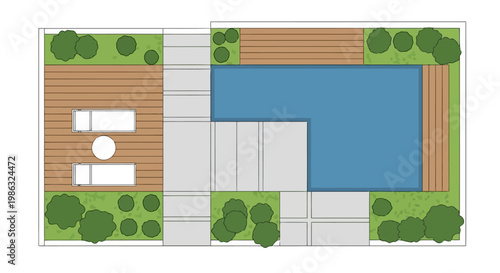 Top view of a modern backyard landscape design with a swimming pool, wooden deck, and lounge chairs