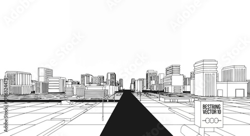 Abstract wireframe city skyline with a central road perspective