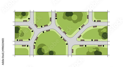 Top view of a park with walking paths, benches, and green areas