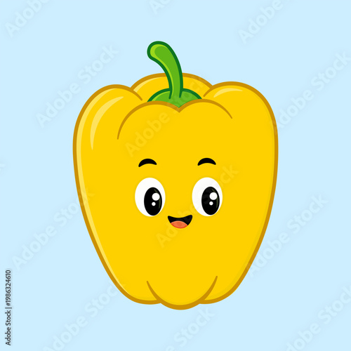 Yellow bell pepper cartoon character with a happy face