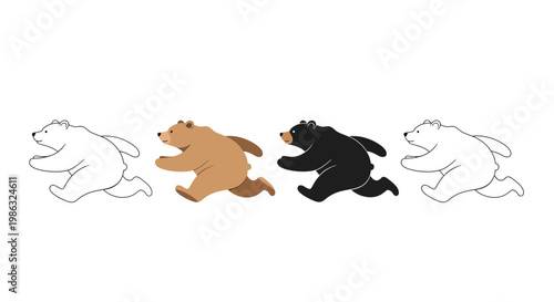 Cartoon Bears in Action: Dynamic Running Sequence in Various Colors and Styles