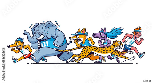 Cartoon Animals Competing in a Race with Energetic and Humorous Undertones