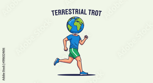 Cartoon Athlete Trotting With World Globe Head Representing Earth's Running Challenge